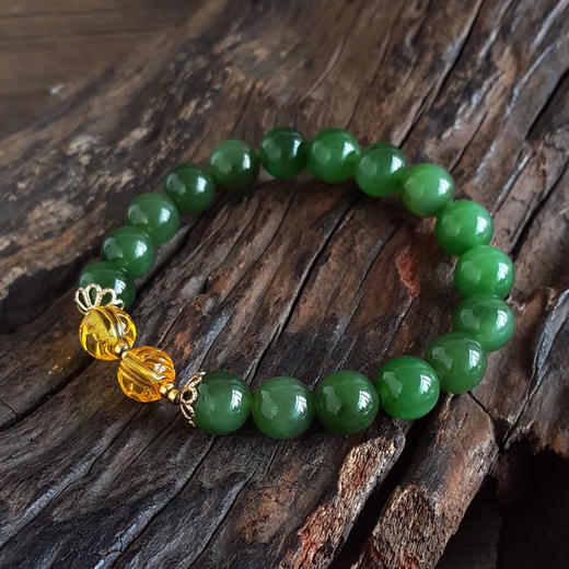 【天然正品】天然细腻菠菜绿约9.5MM碧玉猫眼和田玉手串9.5号（皆取最大值）女性现售价：780特价！120925NJM12 商品图4