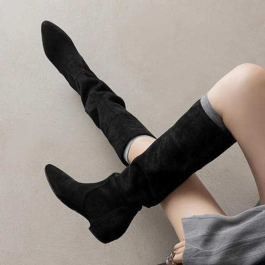 【预售7天】美拉德绒面尖头长靴女新款粗跟套筒堆堆靴显瘦宽筒不过膝靴子HCYYHD&6457 商品图2