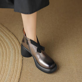 【预售5天】轻巧舒适圆头厚底蝴蝶结瘦瘦靴，真皮气质枪色粗跟高跟鞋短靴MDY&M508-3