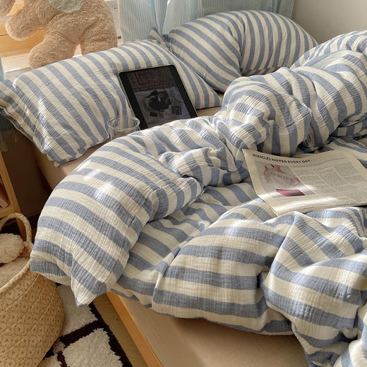 【全棉色织皱皱纱四件套】全棉皱皱纱条纹四件套A类双层纱套件民宿柔软床品 商品图3