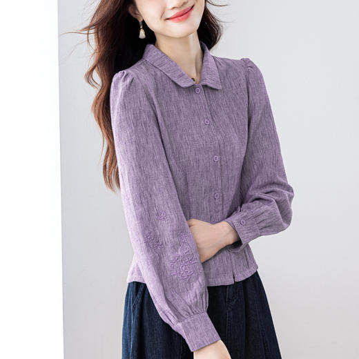 亚麻百搭修身长袖，刺绣灯笼袖衬衫KQL-369H9990 商品图3