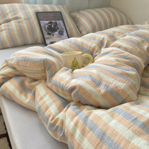 【全棉色织皱皱纱四件套】全棉皱皱纱条纹四件套A类双层纱套件民宿柔软床品 商品图2