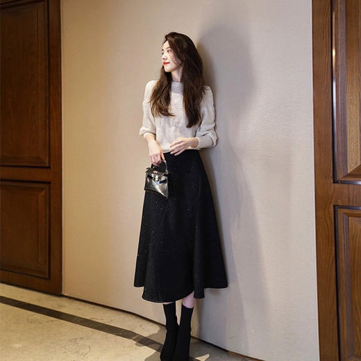 丁摩 黑色半身裙女秋冬新款高腰显瘦a字伞裙赫本风气质大摆中长裙5ZF-50591 商品图2