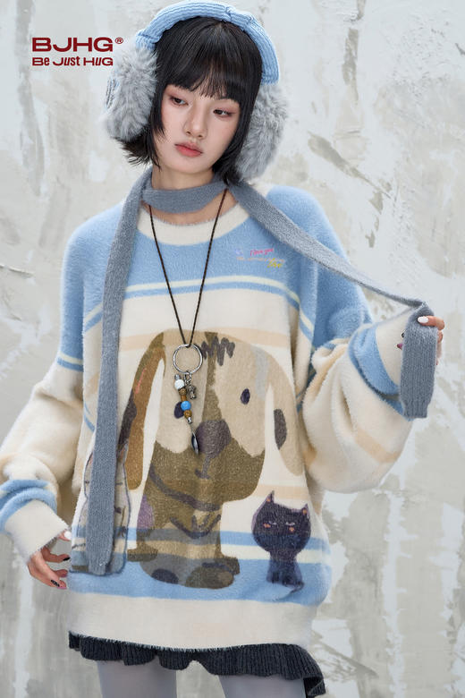 BJHG不计后果趣味针织毛衣女款新款仿貂毛重磅休闲宽松舒适毛衣 商品图5