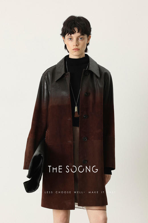 THESOONG/新西兰进口山羊绒真皮大衣女渐变色中长款外套HWPY7778 商品图4