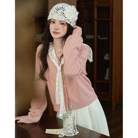 鹿向南「柏林花事」粉色针织毛衣女秋季新款小众叠穿法式开衫上衣L57920