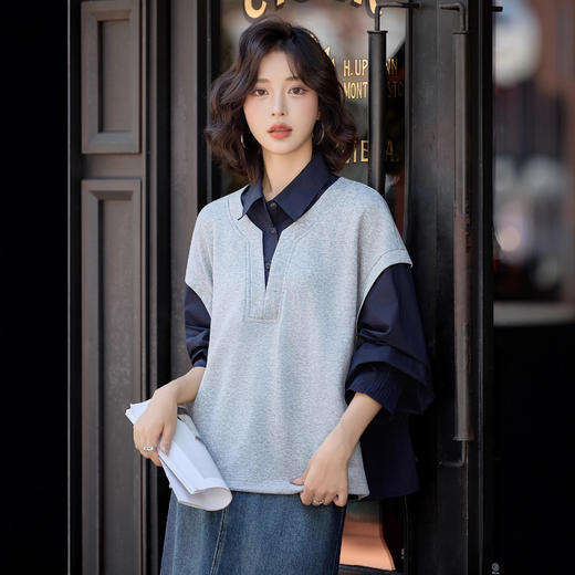 知性假两件POLO领美拉德衬衫，宽松显瘦百搭气质小资上衣HR-LDB2885 商品图1