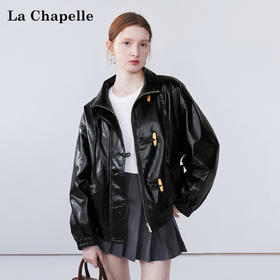 会员福利【官网800+进口油蜡皮】拉夏贝尔/La Chapelle复古牛角扣立领皮衣外套女立领抽绳宽松显瘦廓形机车pu夹克外套