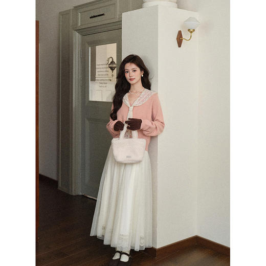 鹿向南「柏林花事」粉色针织毛衣女秋季新款小众叠穿法式开衫上衣L57920 商品图1