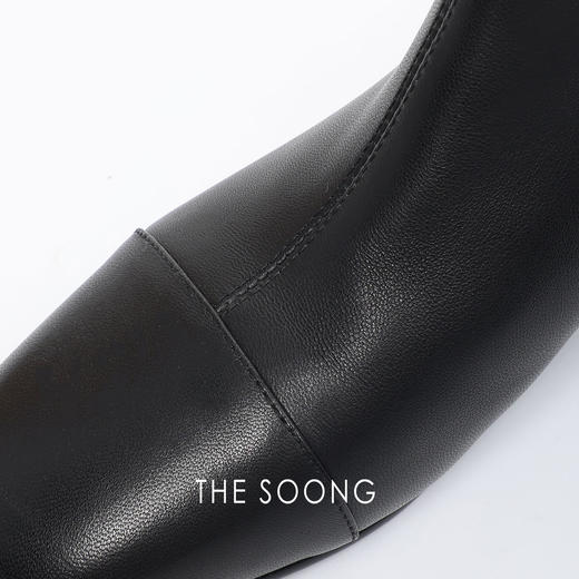 THESOONG/ 山羊皮头层真皮长筒靴女粗跟中筒靴复古黑色秋HWXZ7734 商品图5