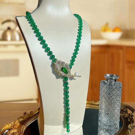 MYL-224124原创天然绿玛瑙项链满钻羽毛胸针多用款天然绿玉髓长款毛衣链 商品图0