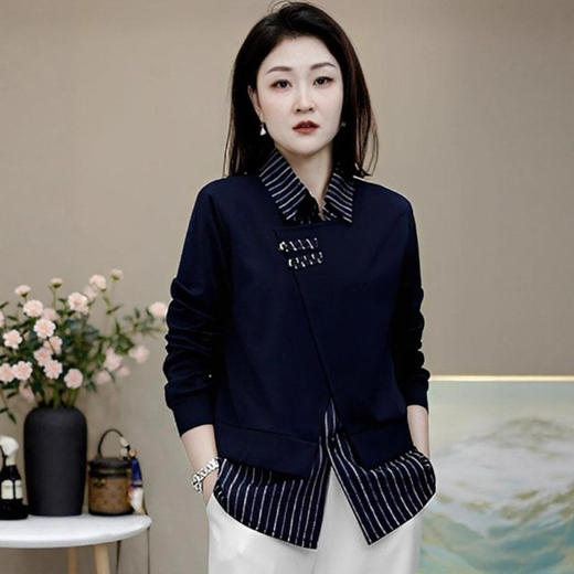 气质条纹翻领假两件拼接衬衫2025秋季E时尚减龄休闲百搭显瘦小衫 商品图0