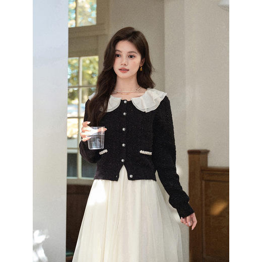 鹿向南「月下茶白」娃娃领黑色毛衣开衫女秋季新款时尚拼色上衣女 商品图1