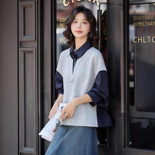 知性假两件POLO领美拉德衬衫，宽松显瘦百搭气质小资上衣HR-LDB2885 商品图3