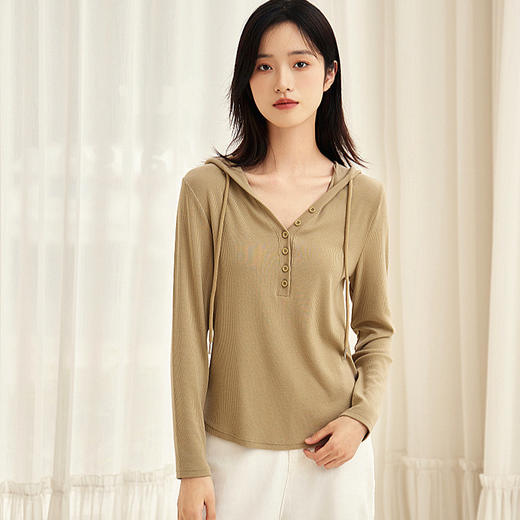 丁摩 优可丝新款连帽长袖T恤女士短款休闲帽衫上衣打底薄款卫衣5ZF-660 商品图1