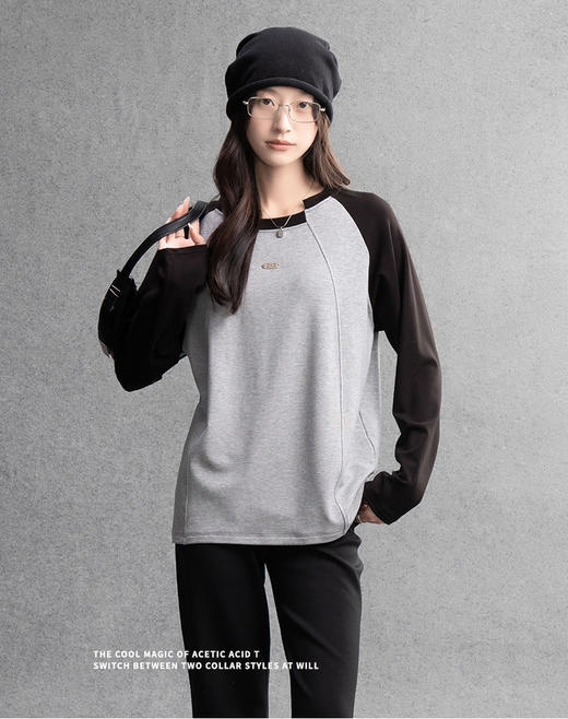 爆火韩系范撞色【她色--熊猫文学撞色长袖衫】赛罗棉触感软糯亲肤 贴合身形不紧绷 撞色插肩袖弹力在线 简约又有设计感 日常/休闲穿搭都适配 商品图3