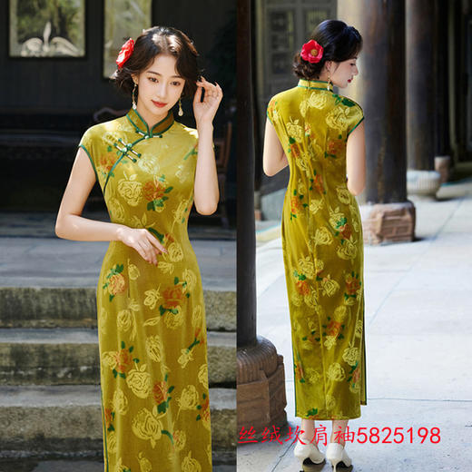 SKY 5825198复古中国风丝绒长款坎肩袖改良中式修身显瘦旗袍 商品图0