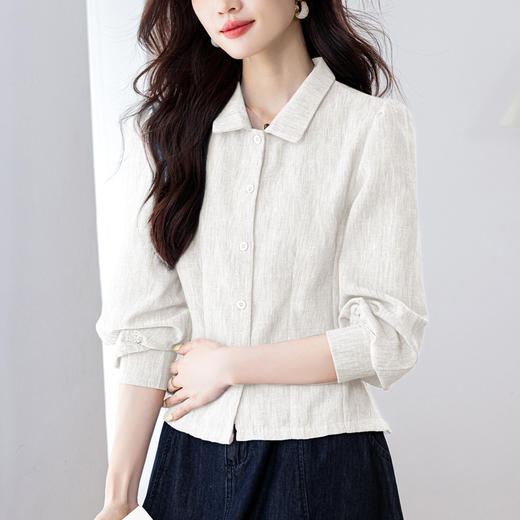 亚麻百搭修身长袖，刺绣灯笼袖衬衫KQL-369H9990 商品图2