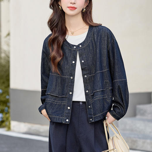 丁摩 复古牛仔外套女春秋季新款经典长袖圆领宽松独特漂亮上衣5ZF-9059 商品图0
