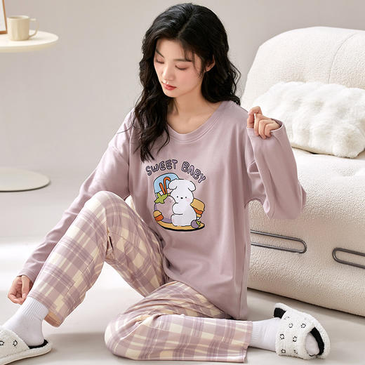 春秋季睡衣女纯棉长袖带胸垫自带文胸垫家居服可外穿套装网红小熊学生睡衣可外穿家居服 商品图1