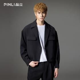 PINLI品立秋季新品西装领休闲夹克男士纯色潮牌短款夹棉外套B233104043