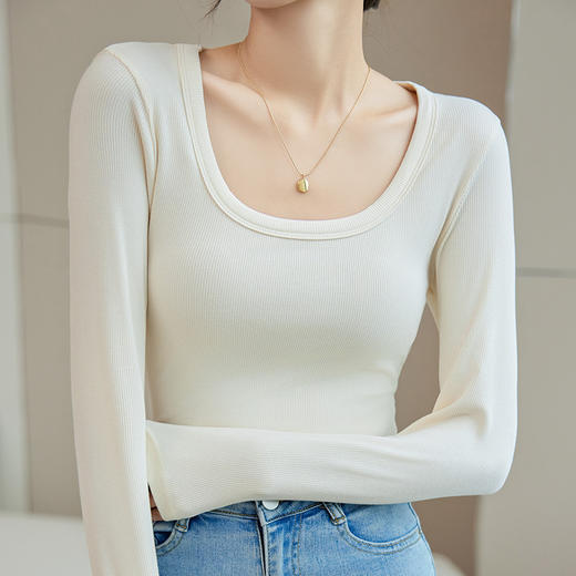 螺纹大方领打底衫女春秋2025新款内搭早秋爆款莫代尔t恤显瘦上衣 商品图0