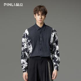 PINLI品立2025秋季新品印花拼接长袖衬衫水墨画潮流宽松男士衬衣B253113062