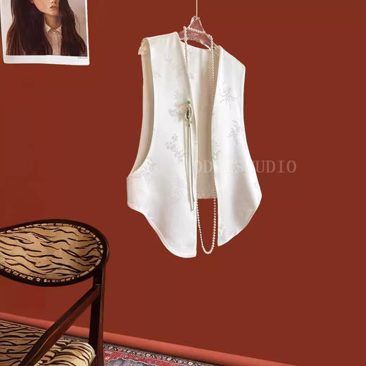 丁摩中式国风玉石流苏扣不规则马甲V领暗纹提花时尚马夹上衣女5ZF- 6813 商品图3