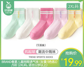 BRAND春夏儿童网眼透气袜（女童-5色各1）/5双（2XL码，适合12岁以上）补单专用