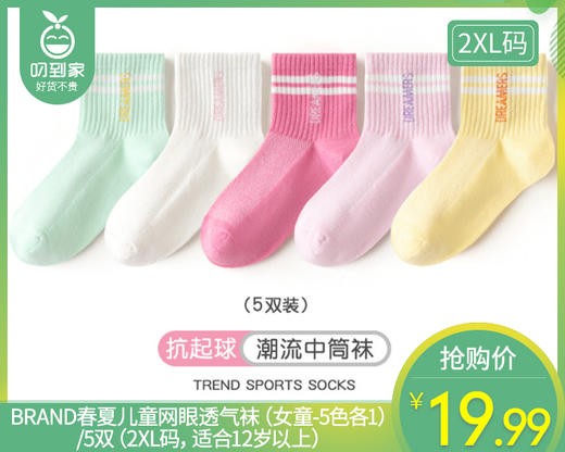 BRAND春夏儿童网眼透气袜（女童-5色各1）/5双（2XL码，适合12岁以上）补单专用 商品图0