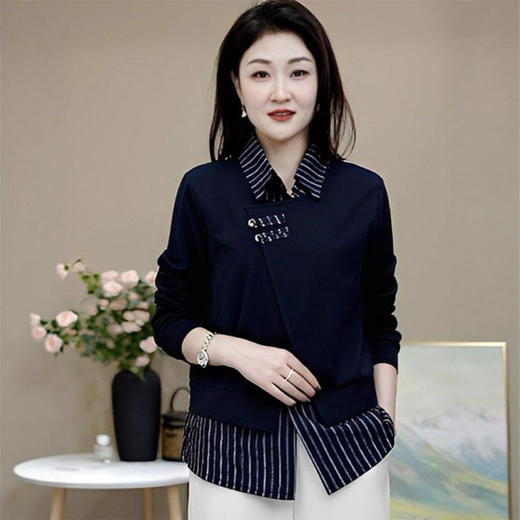 气质条纹翻领假两件拼接衬衫2025秋季E时尚减龄休闲百搭显瘦小衫 商品图3