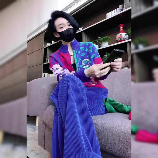 丁摩 蓝色休闲运动套装女秋装高端印花针织开衫长裤搭配两件套5ZF-8283 商品图5