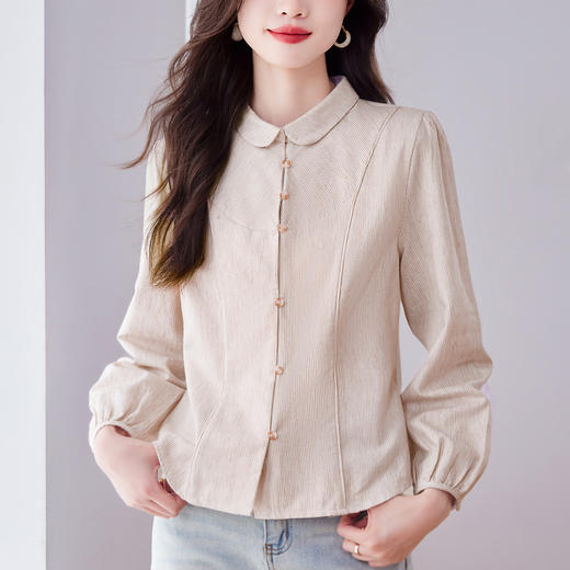 纻衣棉麻圆领长袖衬衫，文艺条纹衬衣设计感修身上衣KQL-369h9985 商品图1