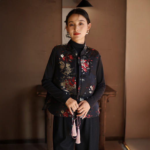 新中式棉马甲，中国风缎面提花复古背心保暖坎肩QM-6577 商品图2