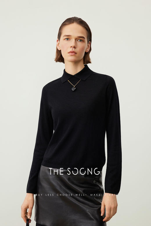 THESOONG/早秋100%绵羊毛POLO领针织衫女长袖打底衫HBMY7349 商品图4