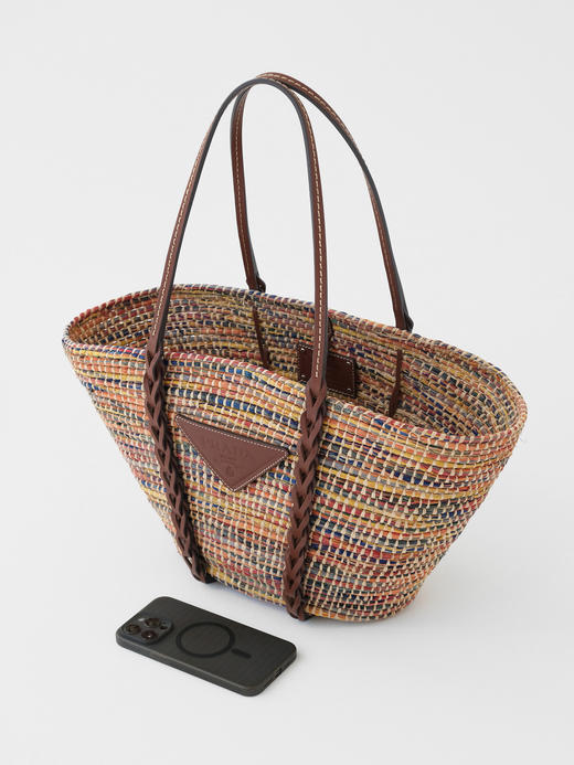 BT347-PRADA普拉达 三角形烫印徽标 稻草柳条拼皮革 托特包Tote包购物袋单肩手提包（RG*MM） 商品图3