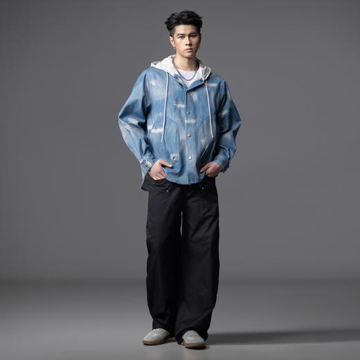 PINLI品立2025秋季新款宽松拼料连帽牛仔外套男潮牌印花休闲夹克GD253104107 商品图4