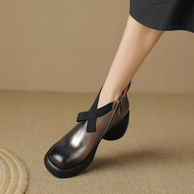 【预售5天】轻巧舒适圆头厚底蝴蝶结瘦瘦靴女秋冬新款真皮气质枪色粗跟高跟鞋短靴MDY&M508-3