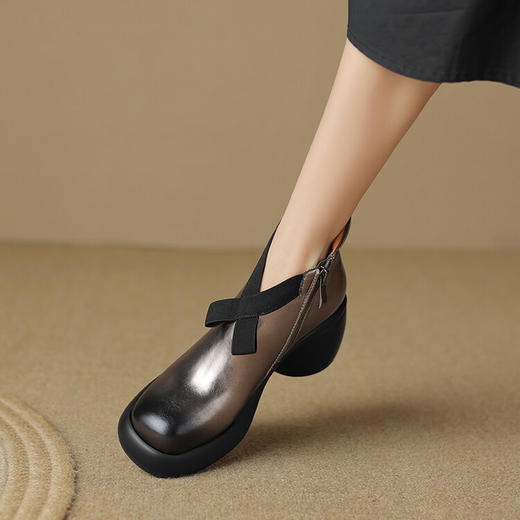 【预售5天】轻巧舒适圆头厚底蝴蝶结瘦瘦靴，真皮气质枪色粗跟高跟鞋短靴MDY&M508-3 商品图2
