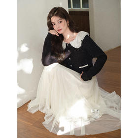 鹿向南「月下茶白」娃娃领黑色毛衣开衫女秋季新款时尚拼色上衣女