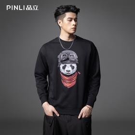 PINLI品立2025秋季新款印花熊猫套头卫衣男士潮牌落肩袖圆领上衣BG253109008