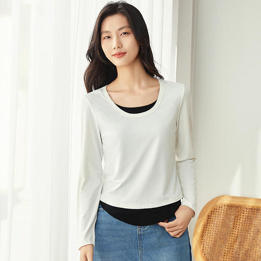 丁摩 女士长袖T恤打底衫春秋新款圆领薄款假两件高弹力内搭上衣5ZF-508 商品图3