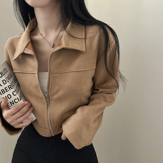 韩国chic秋季复古帅气翻领拉链式宽松百搭长袖皮绒短款夹克外套女 商品图2