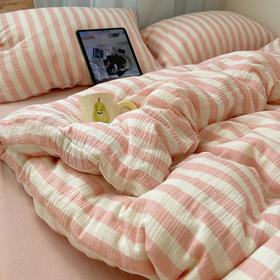 【全棉色织皱皱纱四件套】全棉皱皱纱条纹四件套A类双层纱套件民宿柔软床品