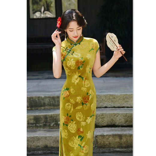 SKY 5825198复古中国风丝绒长款坎肩袖改良中式修身显瘦旗袍 商品图1