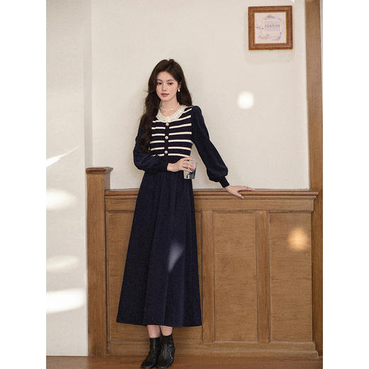 鹿向南「霓甜午后」藏蓝色假两件长袖连衣裙女秋减龄显瘦A字长裙 商品图2