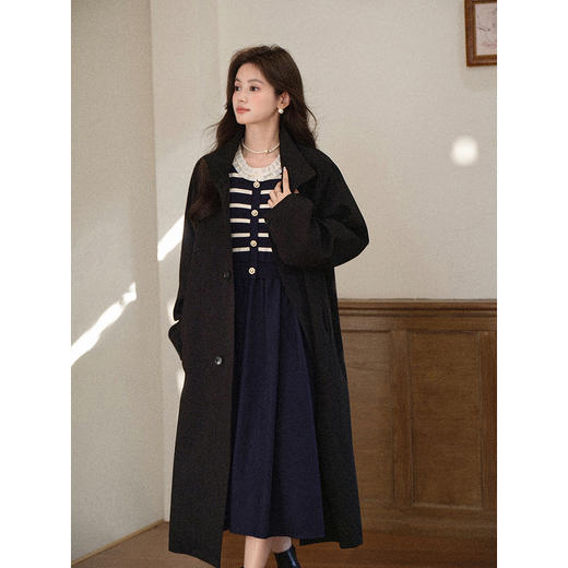 鹿向南「霓甜午后」藏蓝色假两件长袖连衣裙女秋减龄显瘦A字长裙 商品图3