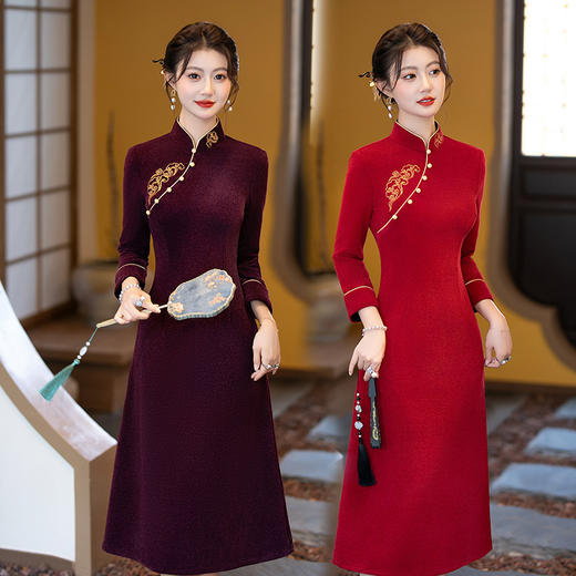 刺绣国风新中式妈妈秋季复古收腰旗袍秋冬SC22115 商品图0