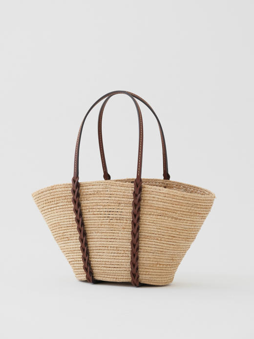 BT348-PRADA普拉达 三角形烫印徽标 稻草柳条拼皮革 托特包Tote包购物袋单肩手提包 原色（RG*MM） 商品图3