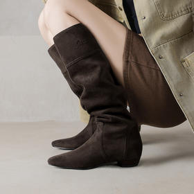 【预售7天】美拉德绒面尖头长靴女新款粗跟套筒堆堆靴显瘦宽筒不过膝靴子HCYYHD&6457